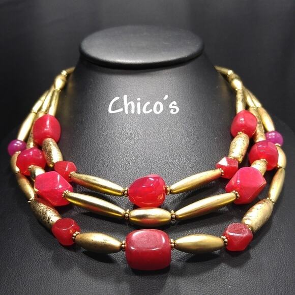 Chico's Red Gemstone 3 Strand Beaded Necklace, 20 Inches, Tested Spinel - Picture 5 of 8
